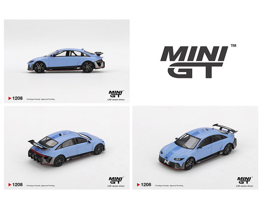 Three blue model cars with 'MINI GT' branding on a white background