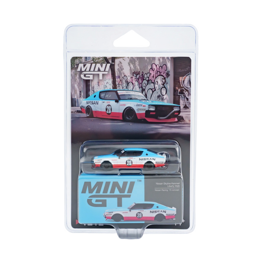 MINI GT Nissan S130 Racing Series diecast model car in its original blister pack packaging, featuring a white, blue, and red race car with 'Nissan' branding.