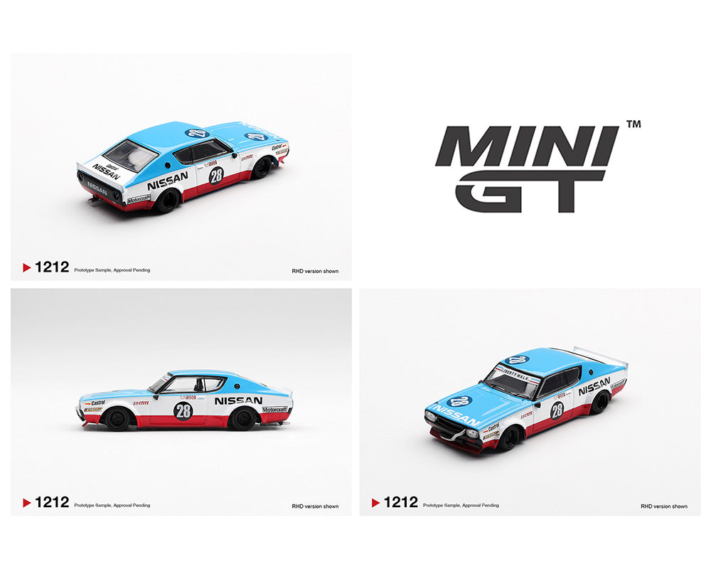 Mini GT model car with Nissan branding on a white background