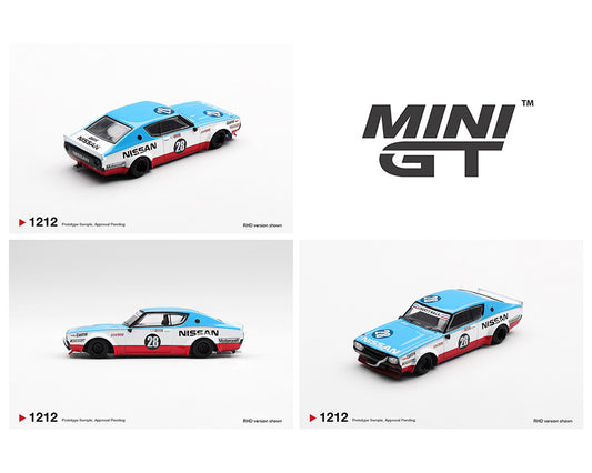 Mini GT model car with Nissan branding on a white background