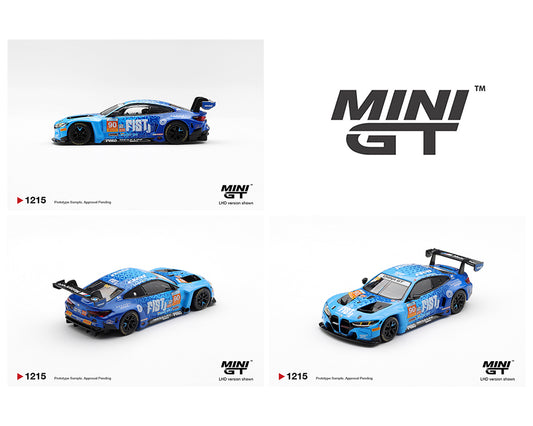 Three blue and black model cars with 'MINI GT' branding on a white background
