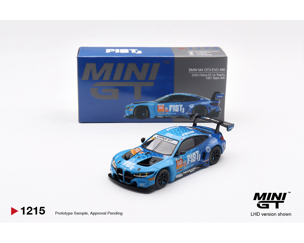 Blue Mini GT model car with packaging on a white background