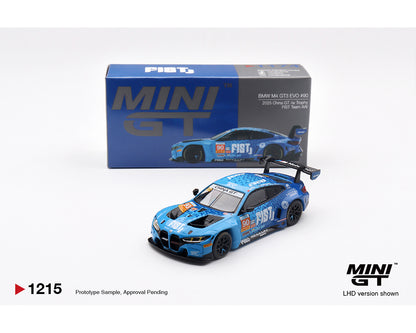 Blue Mini GT model car with packaging on a white background