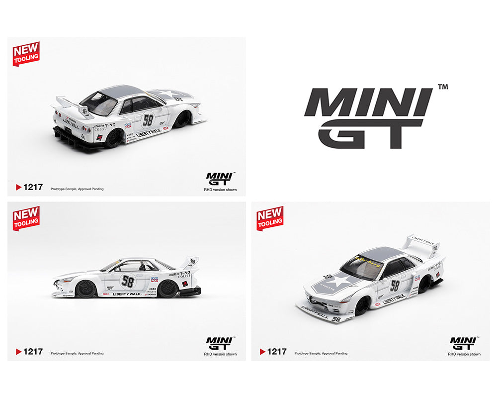 Three Mini GT model cars on a white background with branding.
