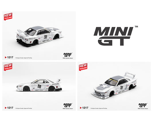 Three Mini GT model cars on a white background with branding.