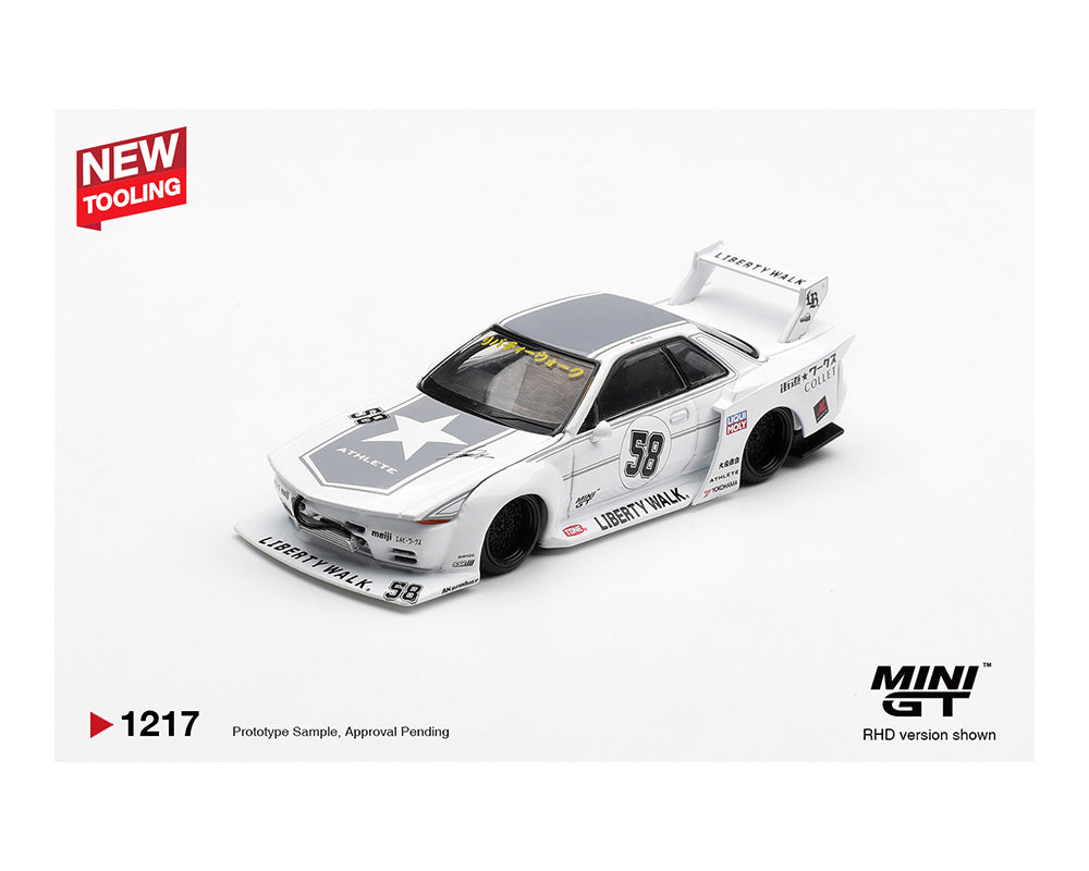 Model car with Liberty Walk branding on a white background, featuring the Mini GT logo.