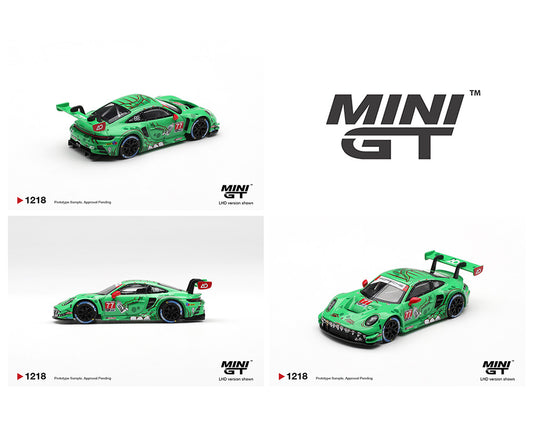 Green model cars with 'MINI GT' branding on a white background