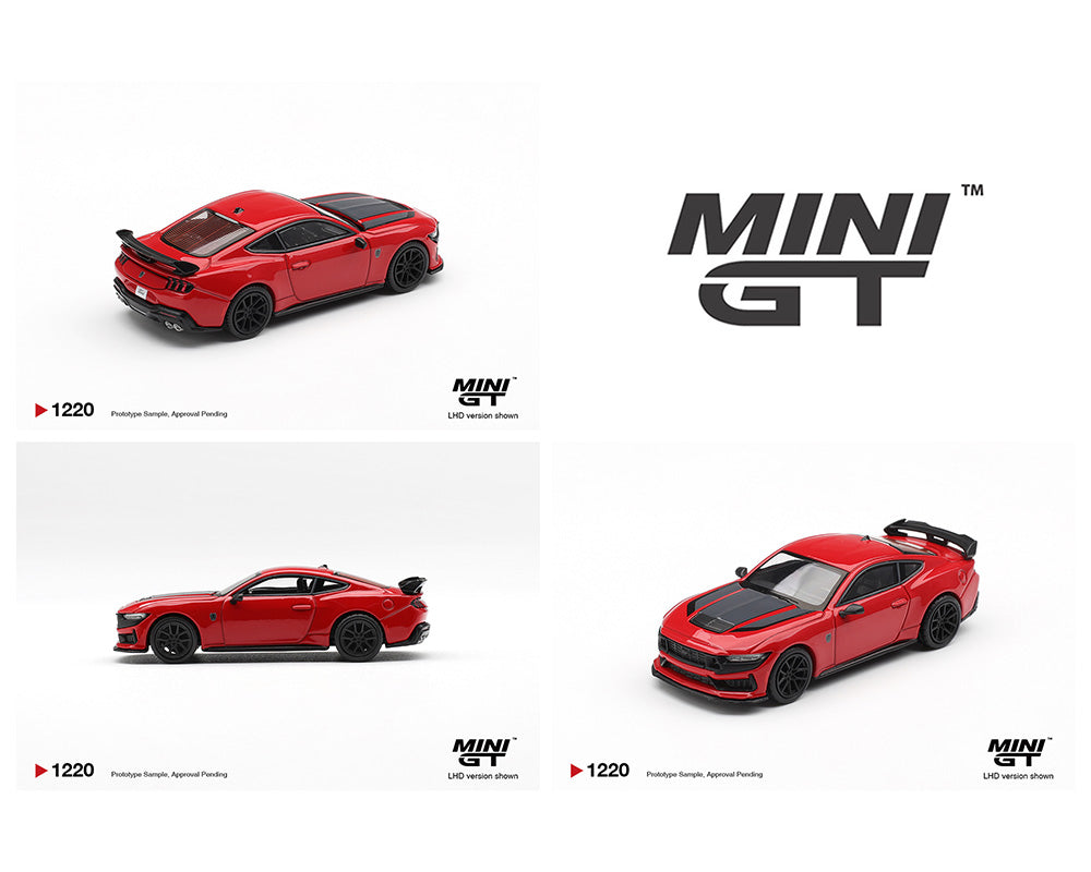 Red model cars with 'MINI GT' branding on a white background
