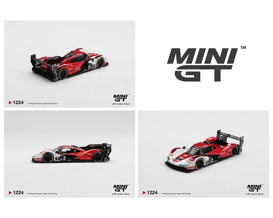 Three miniature racing cars with 'MINI GT' branding on a white background