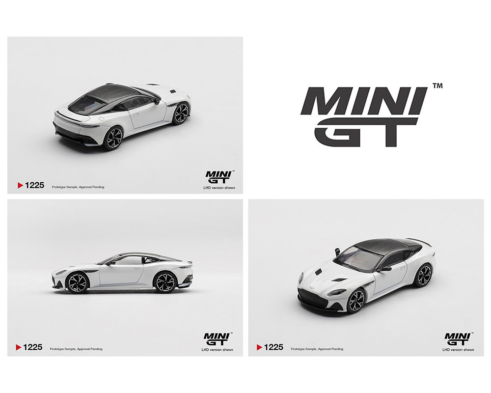Three images of a white Mini GT model car on a white background, showcasing different angles: rear-side, profile, and front-side. The Mini GT logo appears prominently.