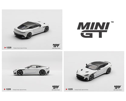 Three images of a white Mini GT model car on a white background, showcasing different angles: rear-side, profile, and front-side. The Mini GT logo appears prominently.