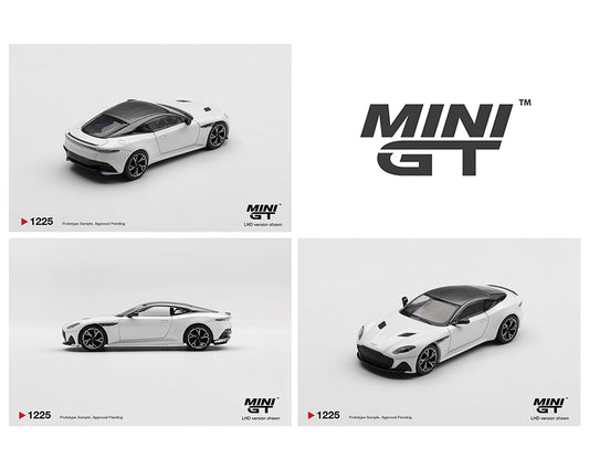 Three images of a white Mini GT model car on a white background, showcasing different angles: rear-side, profile, and front-side. The Mini GT logo appears prominently.