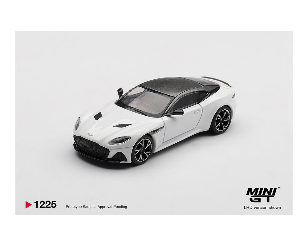 A sleek, white model sports car with black accents is displayed against a plain background. The car exudes a modern and elegant aesthetic.