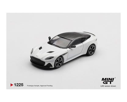A sleek, white model sports car with black accents is displayed against a plain background. The car exudes a modern and elegant aesthetic.
