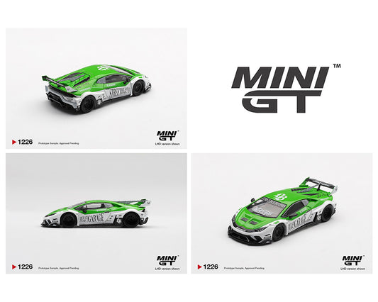 Green and white model car with 'MINI GT' branding on a white background