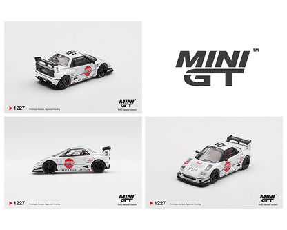 Toy model car in three views: rear-side, side, and front. The car is white with black detailing, red decals, and branded with "Liberty Walk." Logo "MINI GT" displayed.