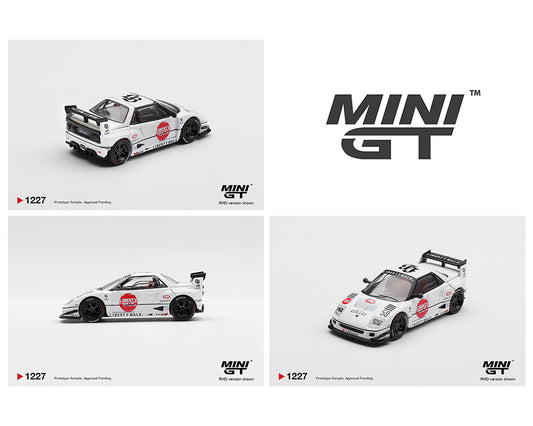 Toy model car in three views: rear-side, side, and front. The car is white with black detailing, red decals, and branded with "Liberty Walk." Logo "MINI GT" displayed.