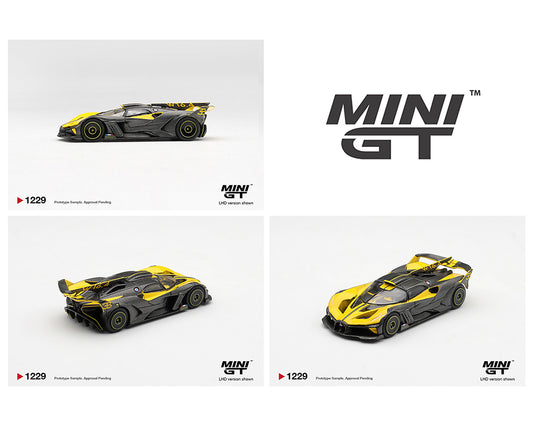 Four views of a yellow and black model car with 'MINI GT' branding on a white background.
