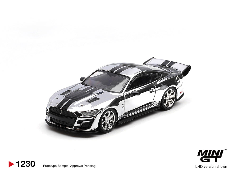 Model car with black and white design on a white background, featuring the Mini GT logo.