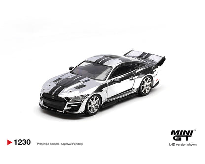 Model car with black and white design on a white background, featuring the Mini GT logo.