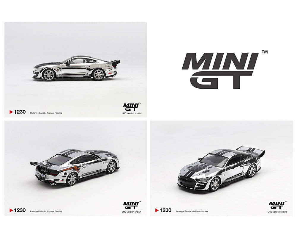 Three Mini GT model cars on a white background with the brand logo.