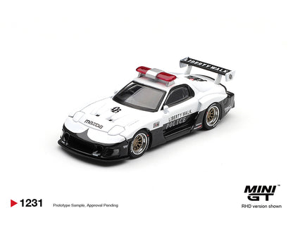 Model police car with white and black design on a white background, featuring the Mini GT logo.