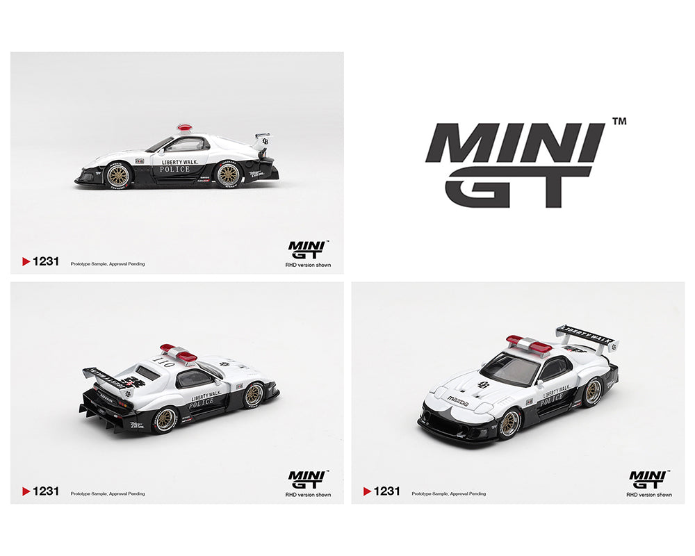 Three Mini GT model cars displayed on a white background with the brand logo.
