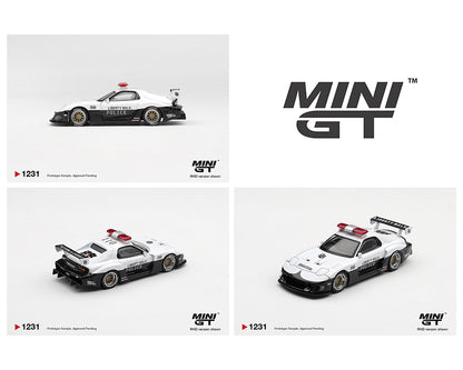 Three Mini GT model cars displayed on a white background with the brand logo.