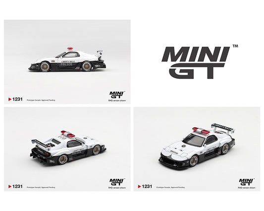 Three Mini GT model cars displayed on a white background with the brand logo.