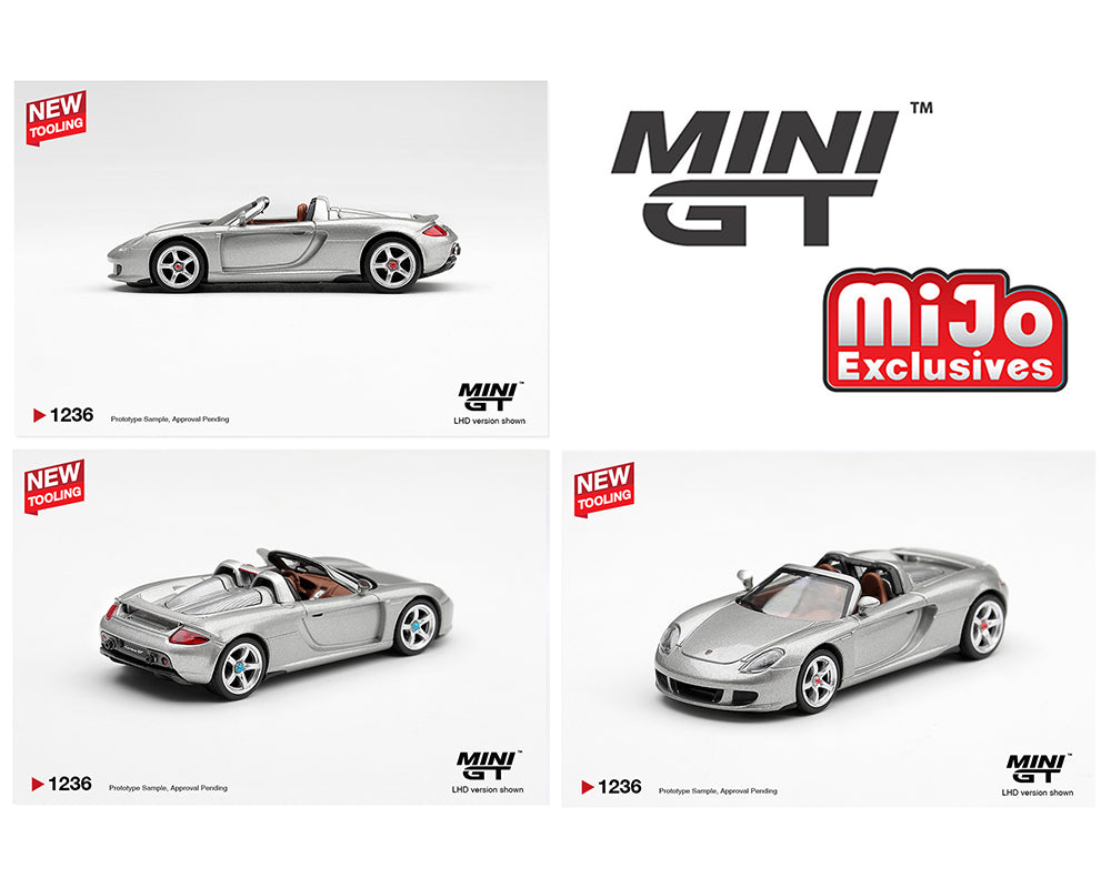 MINI GT MGT01236-BL Porsche Carrera GT GT Silver MiJo Exclusives 1:64 diecast model with metallic silver finish, brown interior and left-hand drive.