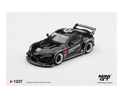 Black model car with branding on a white background