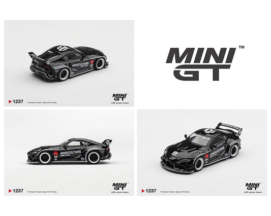Three black and white model cars with 'MINI GT' branding on a white background.