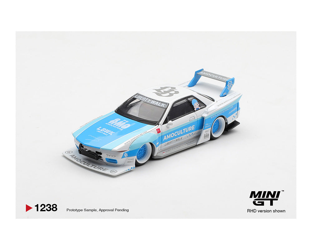 Model car with blue and white design on a light gray background, featuring the Mini GT brand.