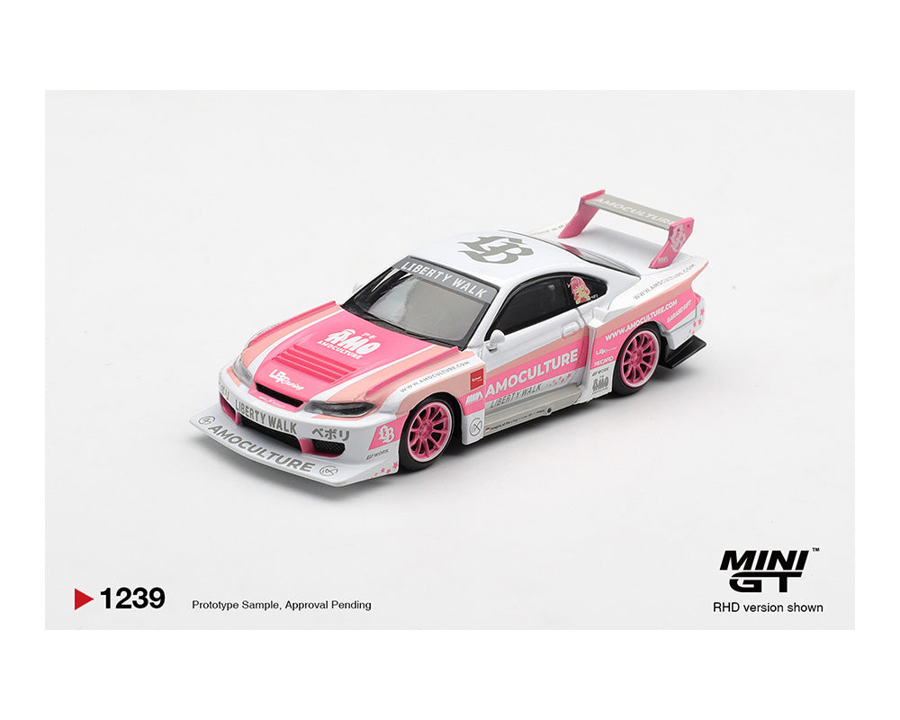 Model car with pink and white design on a gray background, featuring the Mini GT logo.