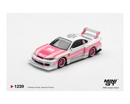 Model car with pink and white design on a gray background, featuring the Mini GT logo.