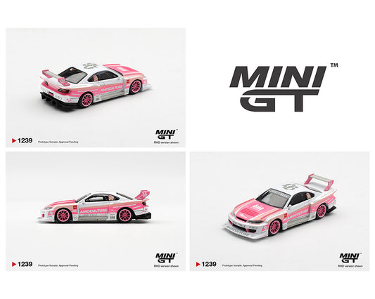Collection of Mini GT model cars with a pink and white design on a white background.
