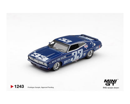 Blue model car with racing livery on a white background, featuring the Mini GT logo.