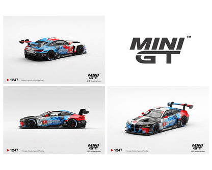 Detailed miniature bmw m4 gt3 model with iHeartRadio livery in blue, red, and white, shown from multiple angles with MINI GT logo.