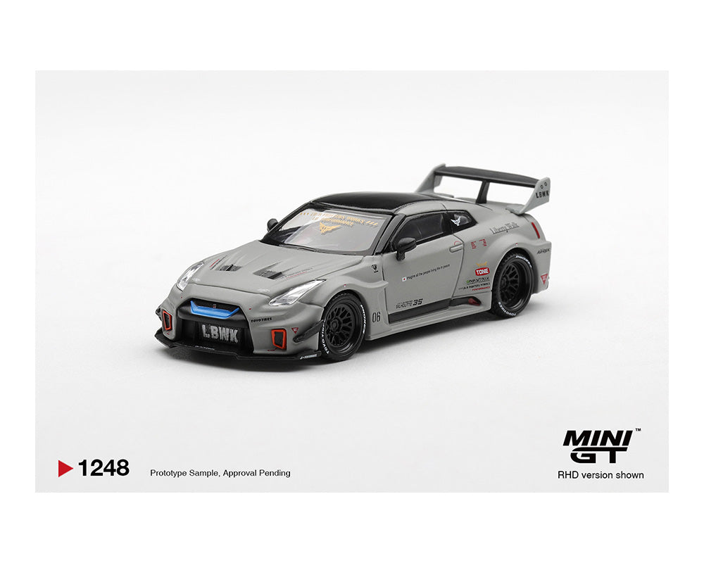 Gray and black Mini GT scale model of a LB Nissan GTR R35 with detailed decals and a large rear spoiler on a white background.
