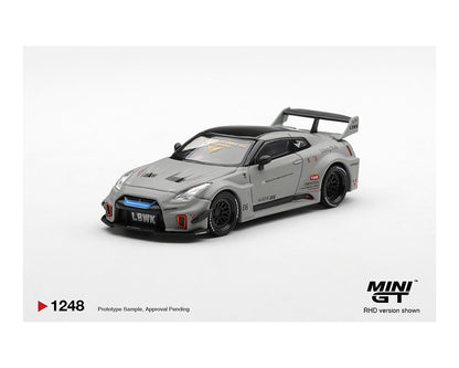 Gray and black Mini GT scale model of a LB Nissan GTR R35 with detailed decals and a large rear spoiler on a white background.