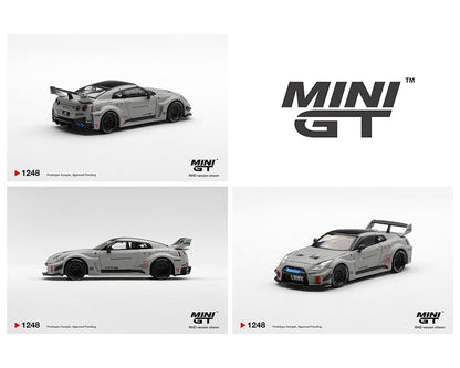 Three angles of a grey MINI GT Nissan GT-R R35 LIBERTY WALK model car with black roof, rear spoiler, and racing decals on a white background.