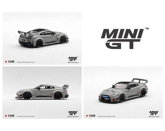 Three angles of a grey MINI GT Nissan GT-R R35 LIBERTY WALK model car with black roof, rear spoiler, and racing decals on a white background.