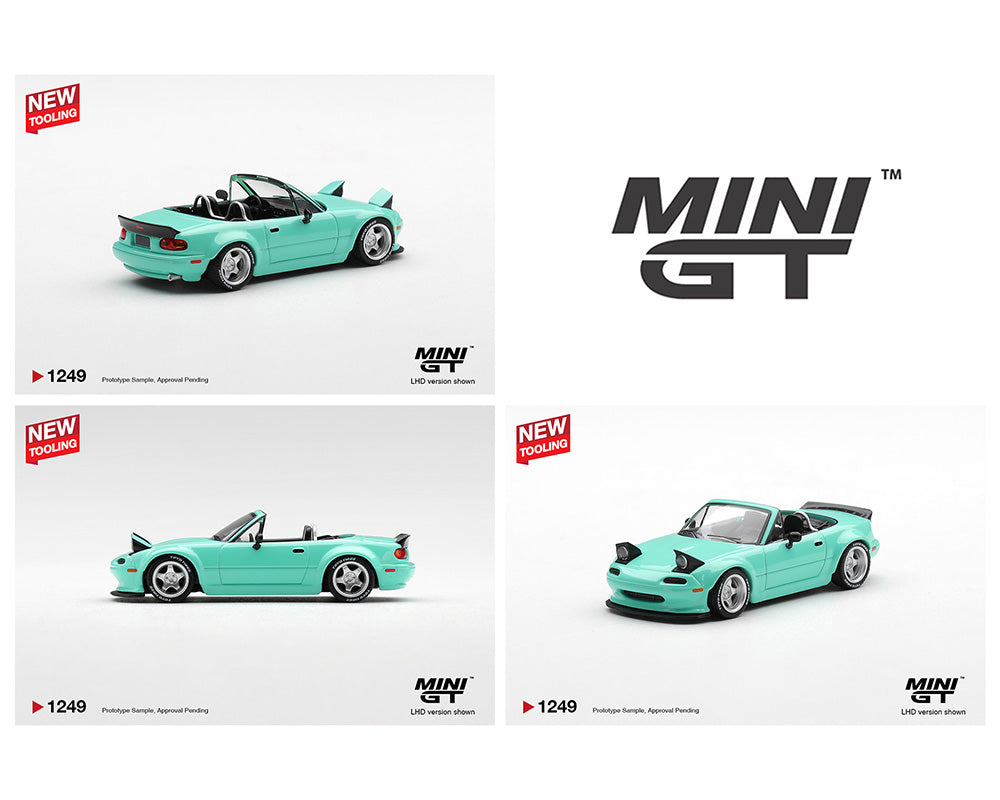 Collection of turquoise model cars with 'MINI GT' branding on a white background