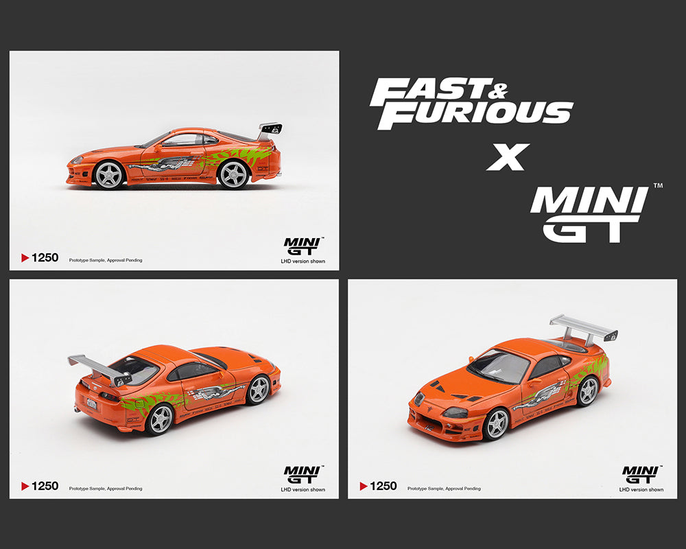 Image showing multiple angles of an orange diecast 64 scale model of the Fast & Furious Toyota Supra, displayed with the Fast & Furious and MINI GT logos.
