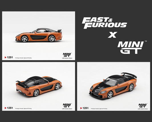 Image collage showcasing multiple angles of an orange and black Fast & Furious x MINI GT diecast model car, a Veilside Mazda RX-7.