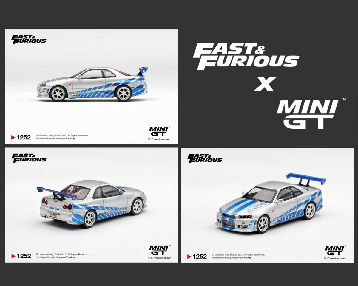 Mini GT 1:64 Fast & Furious Nissan Skyline GT-R R34 Silver and Blue MGT01252-BL diecast model car with movie livery and rear wing