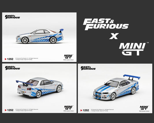 Mini GT 1:64 Fast & Furious Nissan Skyline GT-R R34 Silver and Blue MGT01252-BL diecast model car with movie livery and rear wing