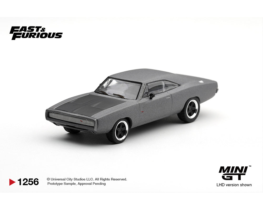 Mini GT 1:64 Fast & Furious 1968 Dodge Charger R/T Gray MGT01256-BL diecast model car with black hood and five-spoke wheels