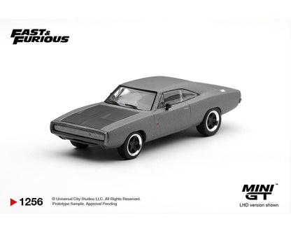 Mini GT 1:64 Fast & Furious 1968 Dodge Charger R/T Gray MGT01256-BL diecast model car with black hood and five-spoke wheels