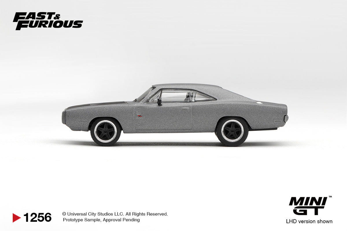 Mini GT 1:64 Fast & Furious 1968 Dodge Charger R/T Gray MGT01256-BL diecast model car side profile with black five-spoke wheels